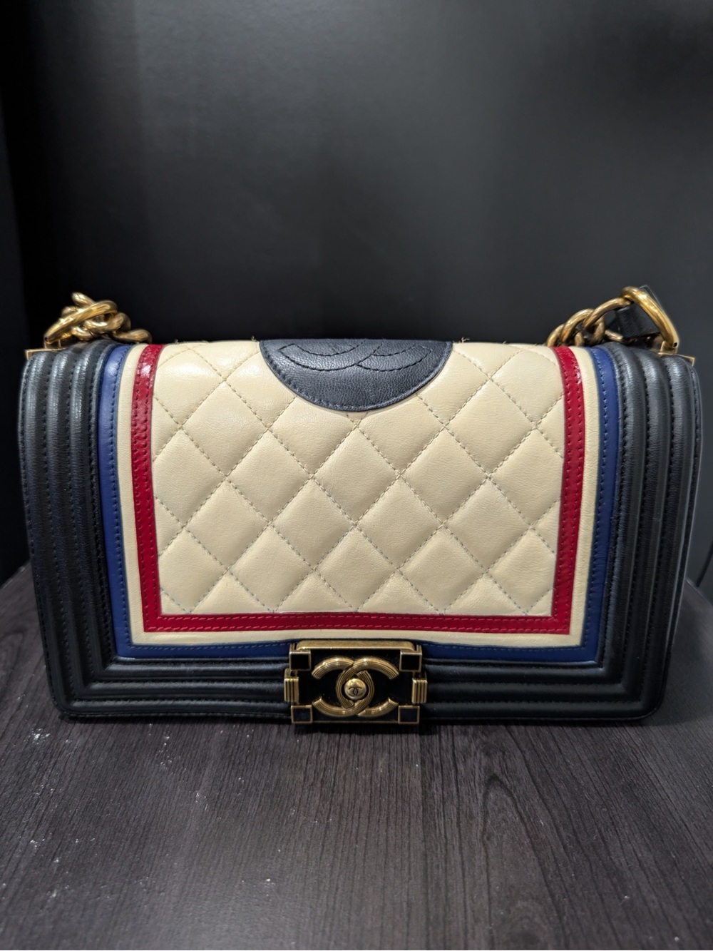 CHANEL Quilted Tricolor Boy Bag - Cream, Black, Navy & Red